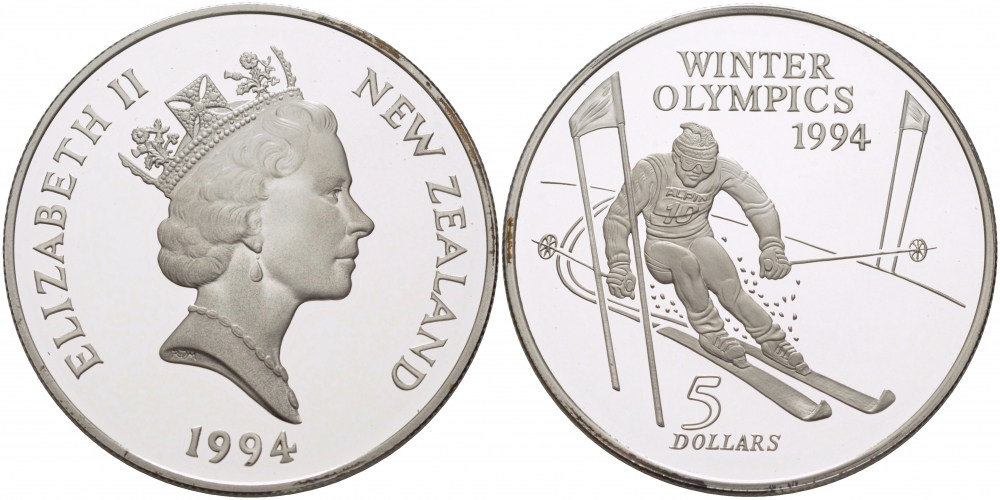 Новая Зеландия 5 долларов 1994 XVII зимние Олимпийские игры 1994 года в Лиллехаммере , слалом KM 96 серебро PROOF 11-090-41