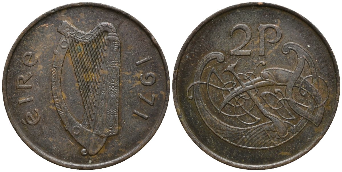 Ирландия 2 пенса 1971 виньетка в виде стилизованной птицы из второй библии Карла II лысого KM 21 бронза 4171-223