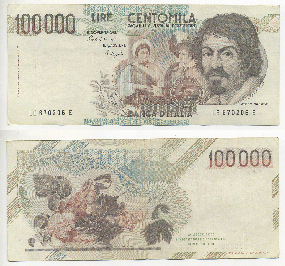 Италия 100000 лир 1983 Караваджо, фруктовый букет, подпись Speziali Pick 110b бумага 7220-18-2