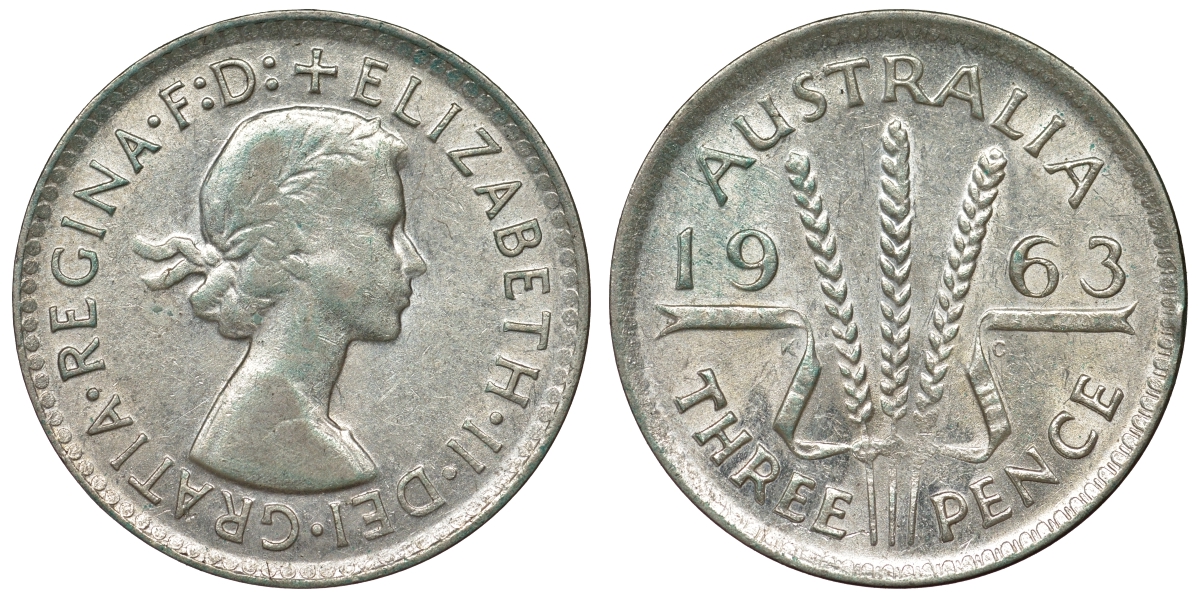 Австралия 3 пенса 1963 m, Елизавета II (1952-2022) KM 57 серебро 71-841
