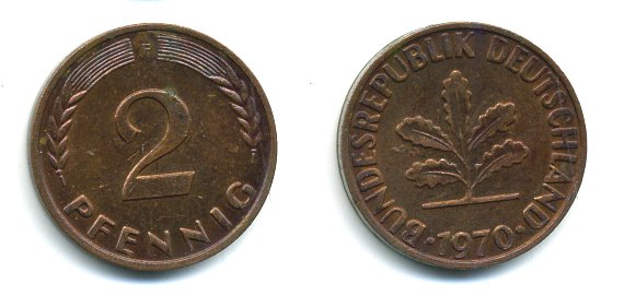 ФРГ 2 пфеннига 1970 F KM 106a, J.381a сталь плакированная медью 3999-1146