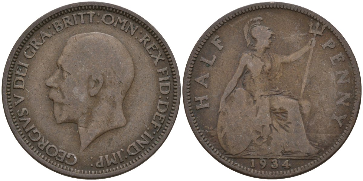 Великобритания 1/2 пенни 1930 Георг V (1910 - 1936) KM 837, Spink 4058 бронза 4146-154