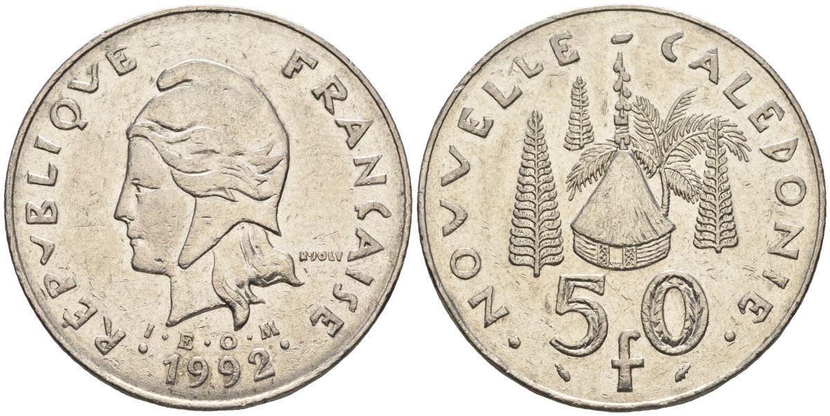 Французская Новая Каледония 50 франков 1992 хижина среди сосен и пальм, (IEOM) KM 13, Schoen 15, Lec 121 никель 4123-312