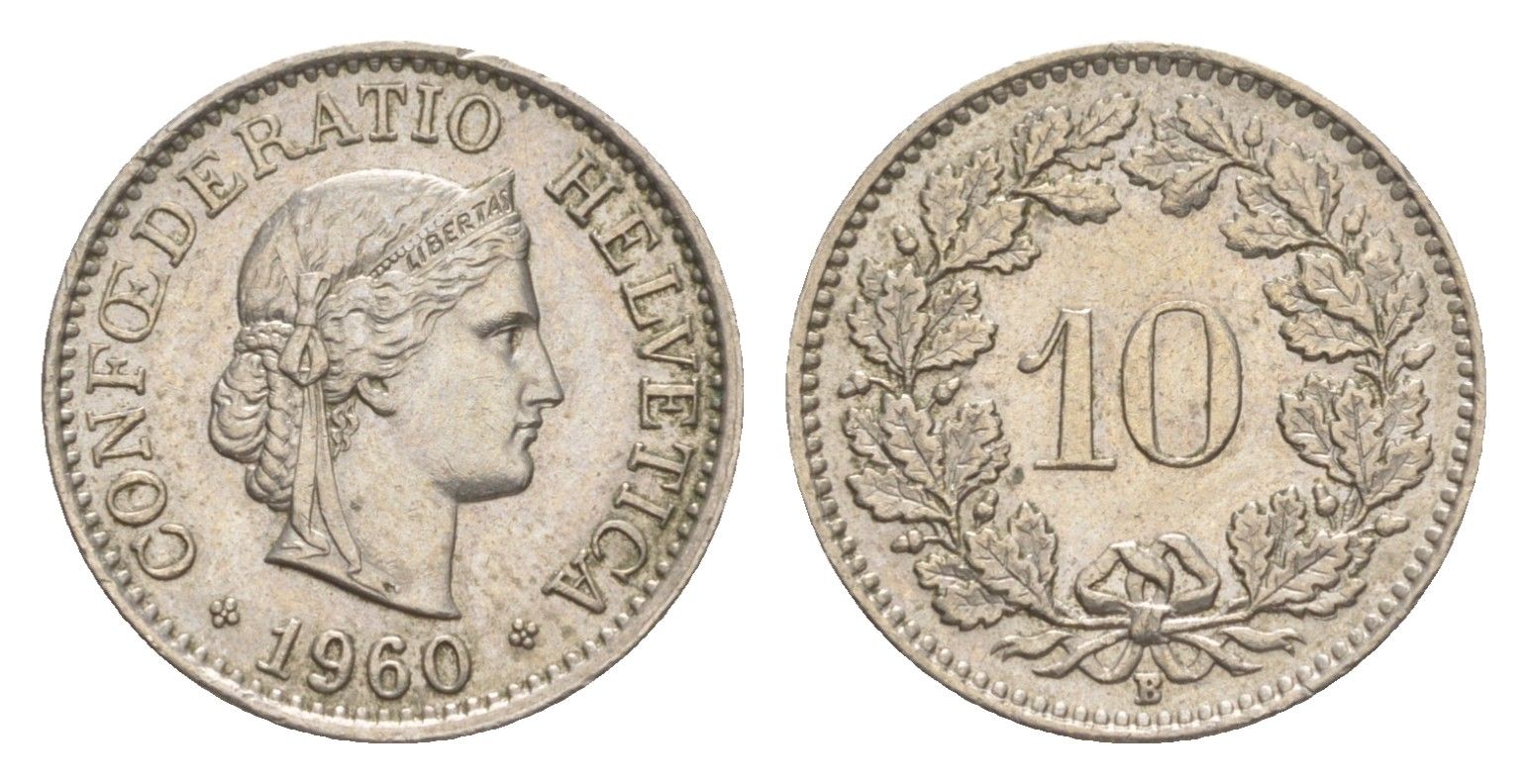 Швейцария 10 раппенов 1960 B KM 27 медно-никель 4625-234