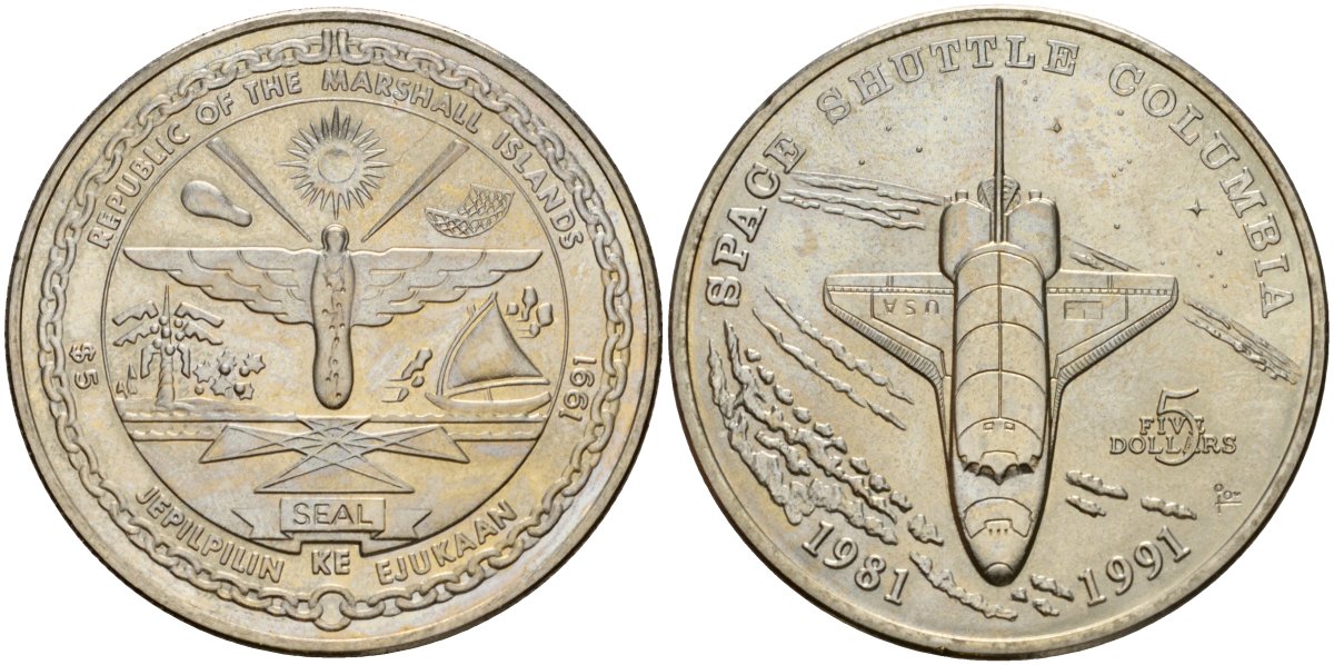 Маршалловы Острова 5 долларов 1991 10 лет первому полёту шаттла Колумбия KM 37 медно-никель UNC 4125-715