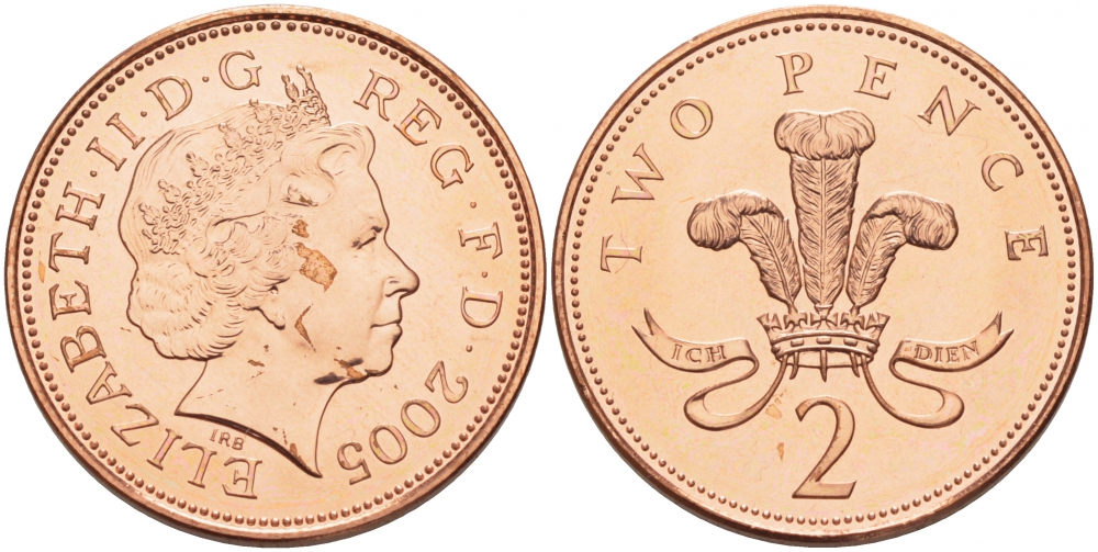Великобритания 2 пенса 2005 Елизавета II (1952-2022) KM 987, Spink 4690 (C5) сталь плакированная медью UNC 3718-1137