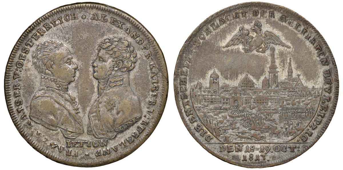 Россия медаль 1813 в память битвы при Лейпциге Дьяков 368.2 бронза, серебрение 413-6434