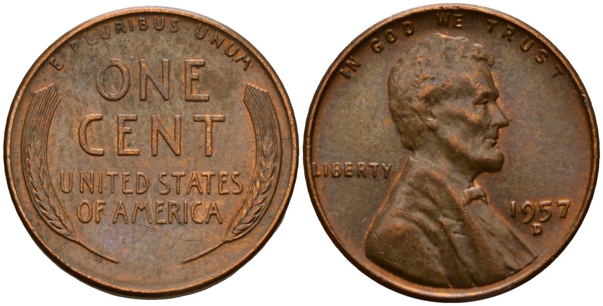 США 1 цент 1957 D, Авраам Линкольн KM A132 латунь 4121-933