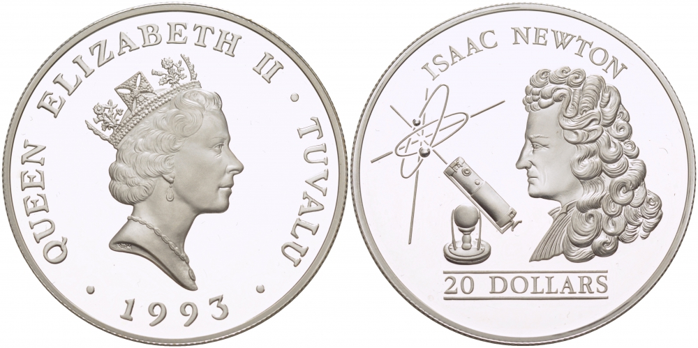 Тувалу 20 долларов 1993 Исаак Ньютон KM 17 серебро PROOF 11-240-24