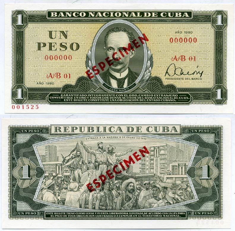 Куба 1 песо 1980 серия AB 01, ESPESIMEN, Хосе Марти, Фидель Кастро с повстанческими войсками входит в Гавану в 1959 году, номер 000000 И 000000 Pick 102s  бумага  UNC (пресс) 8612-2-1-2