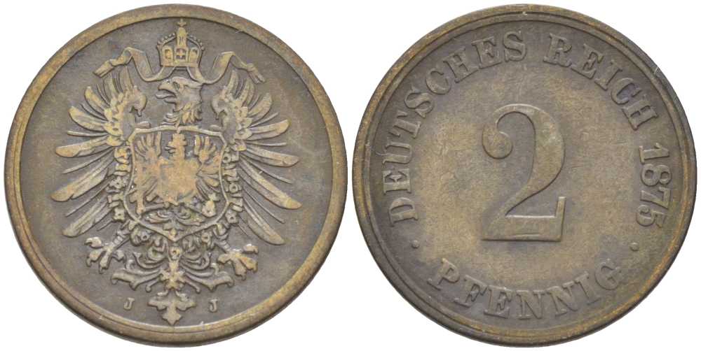 ГЕРМАНИЯ 2 ПФЕННИГА 1875 J, СТАРОГЕРБОВКА KM 2, J. 2, Weege 3 медь 212-544
