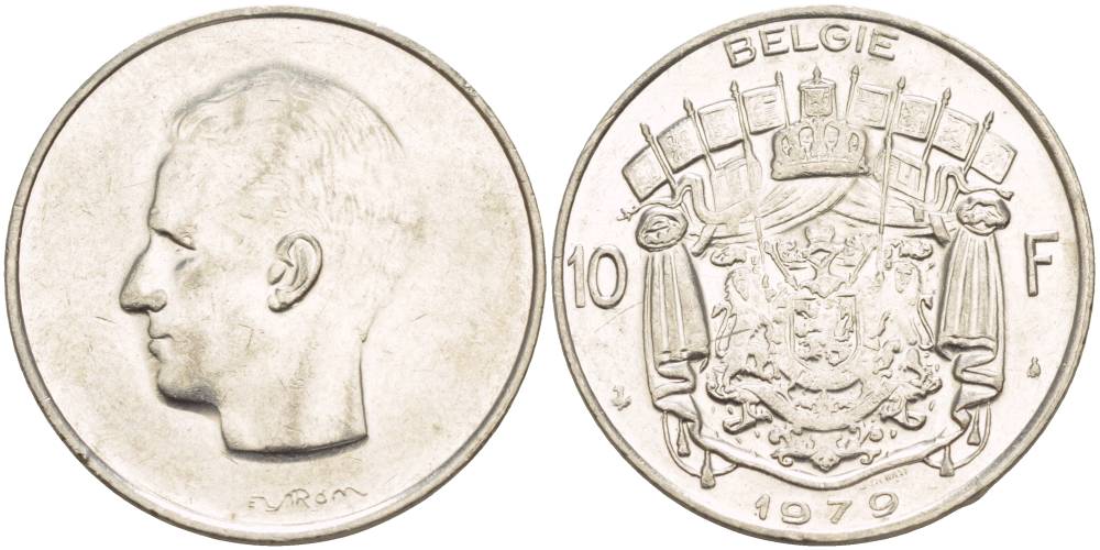 БЕЛЬГИЯ 10 ФРАНКОВ 1979 BELGIE, БОДУЭН I (1951-1993) KM 156.1 никель 4545-146