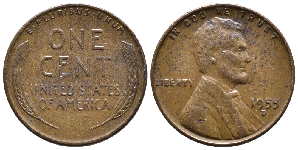 США 1 ЦЕНТ 1955 D ЛИНКОЛЬН KM А132 медь цинк 4364-726