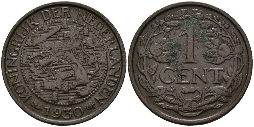НИДЕРЛАНДЫ 1 ЦЕНТ 1930 ВИЛЬГЕЛЬМИНА (1890-1948) KM 152 бронза 176-656