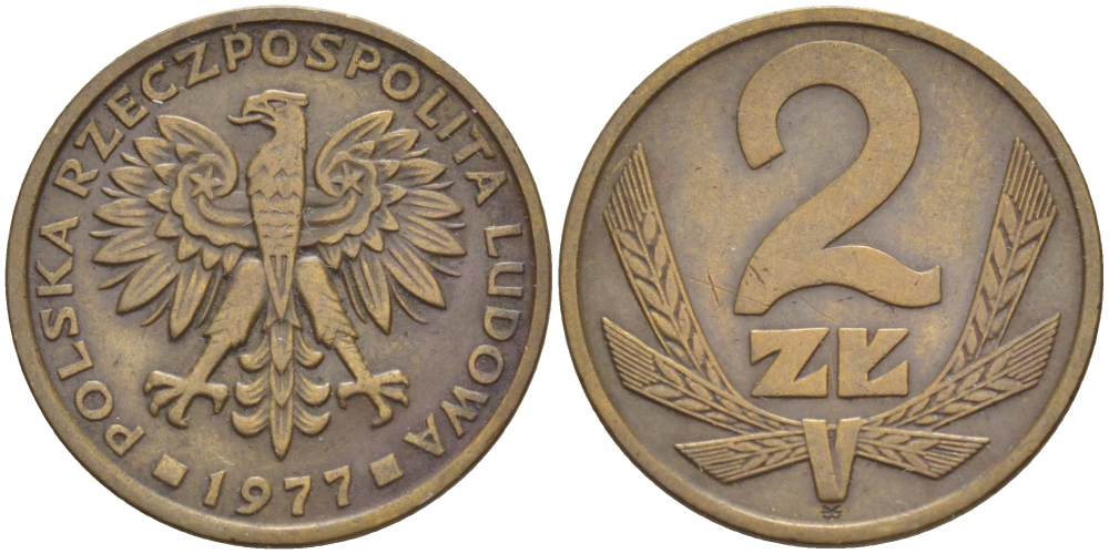 ПОЛЬША 2 ЗЛОТЫХ 1977 ЛЕНИНГРАДСКИЙ МОНДВОР KM 80.1 латунь 4516-1246