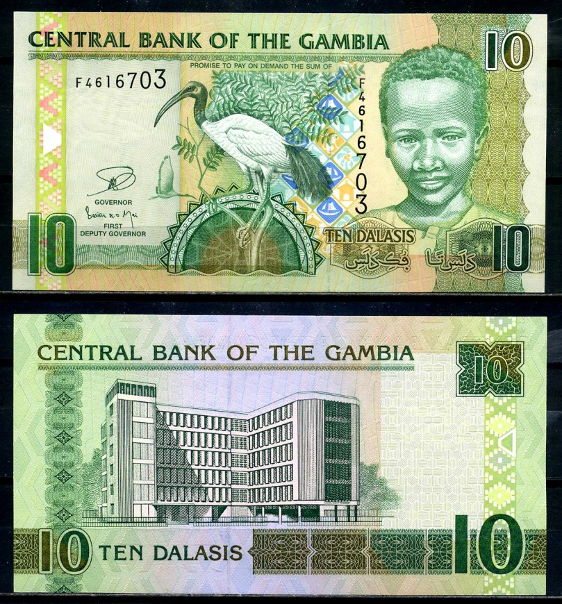 Гамбия 10 даласи ND (2006-2013) ибис, мальчик, здание центрального банка Pick 26с бумага UNC (пресс) 7486-44-3-1
