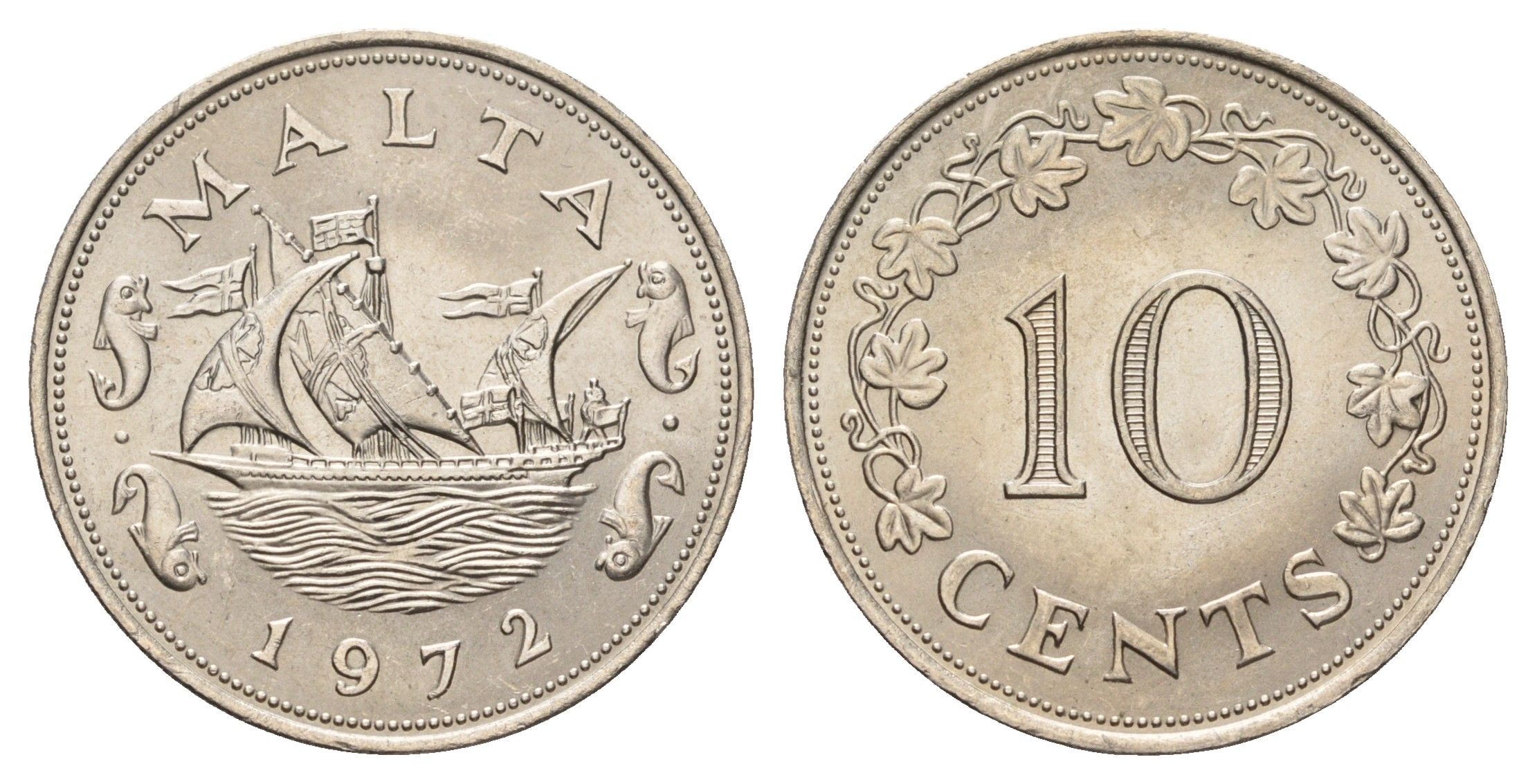 Мальта 10 центов 1972 баржа Великого магистра KM 11 медно-никель UNC 97-816
