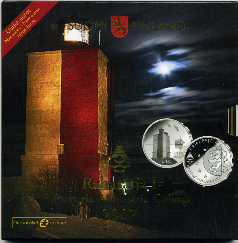 Финляндия евронабор из 8 монет + жетон 2007 маяки Скандинавии, UTO (1753-2007), официальный набор в оригинальном буклете KM MS 83   UNC  5-6-1-09