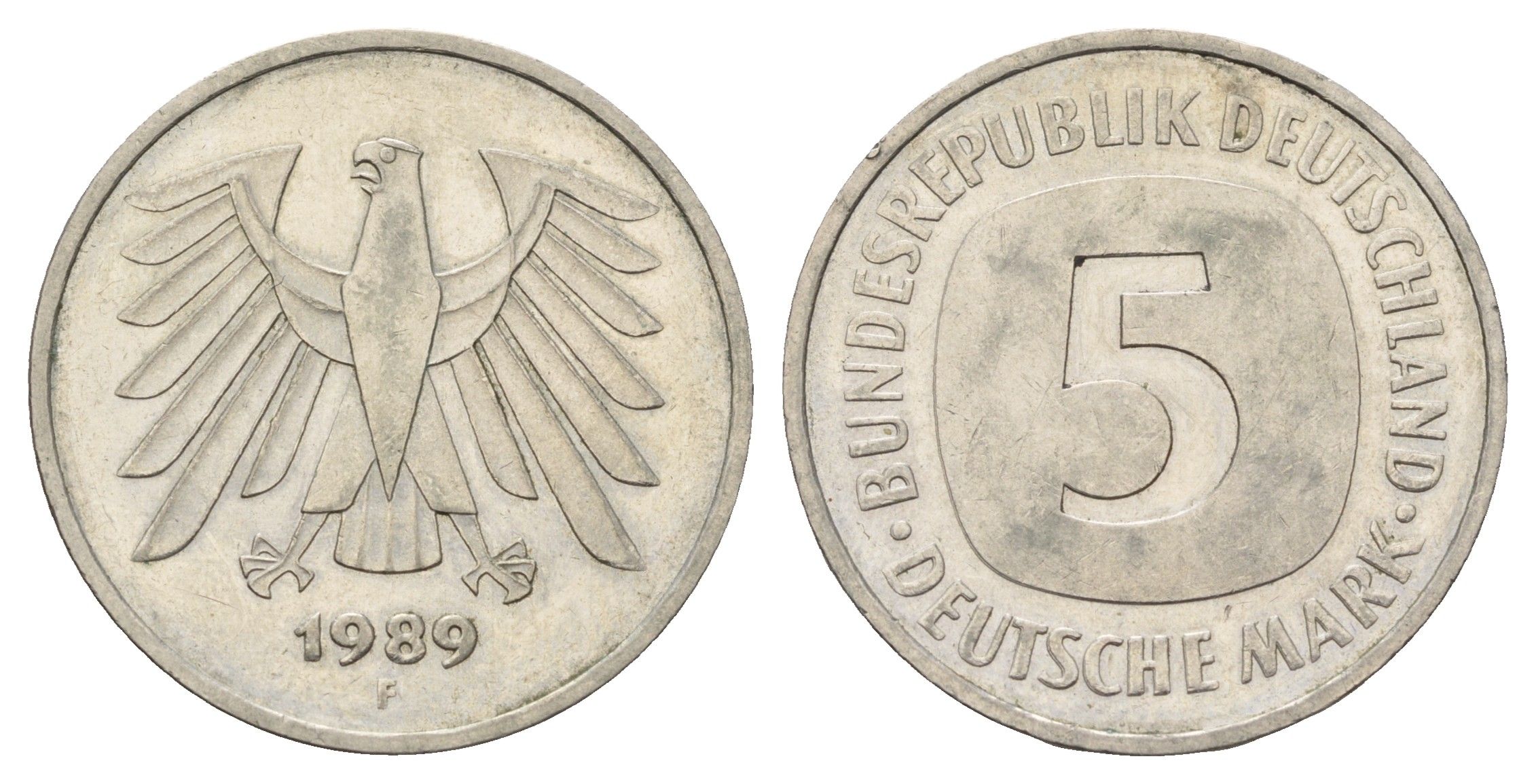 ФРГ 5 марок 1989 F KM 140.1, J.415 медно-никель 4531-611