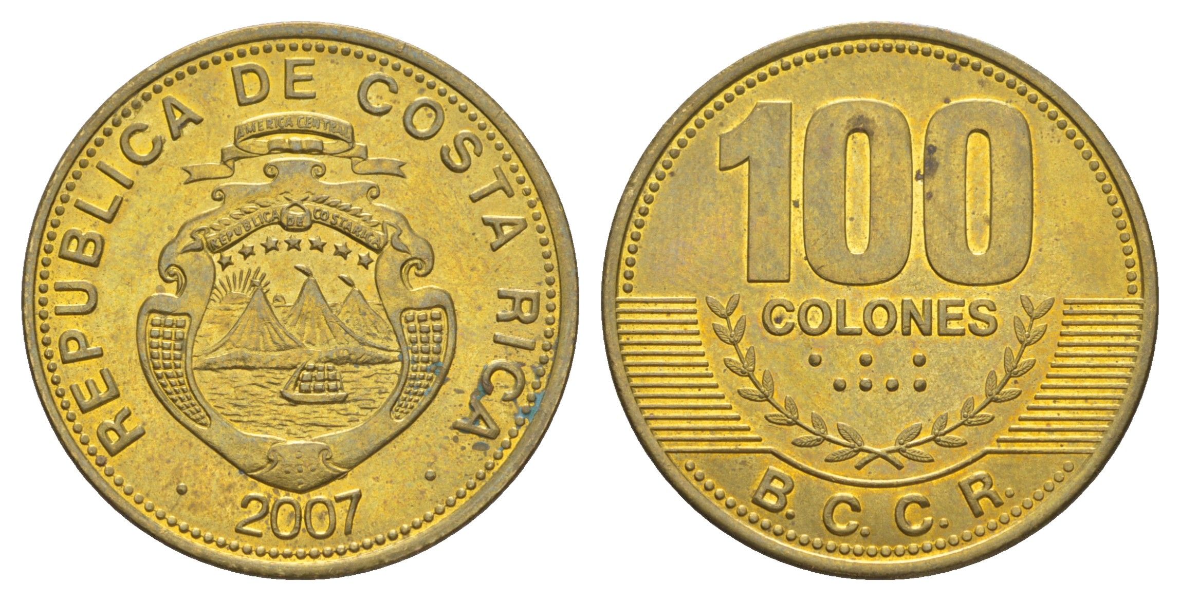 Коста-Рика 100 колонов 2007 KM 240a сталь плакированная латунью UNC 4631-923