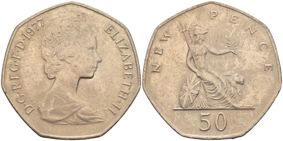 Великобритания 50 пенсов 1977 Елизавета II (1952-2022) KM 913, Spink 4223 (H1) медно-никель 4587-943