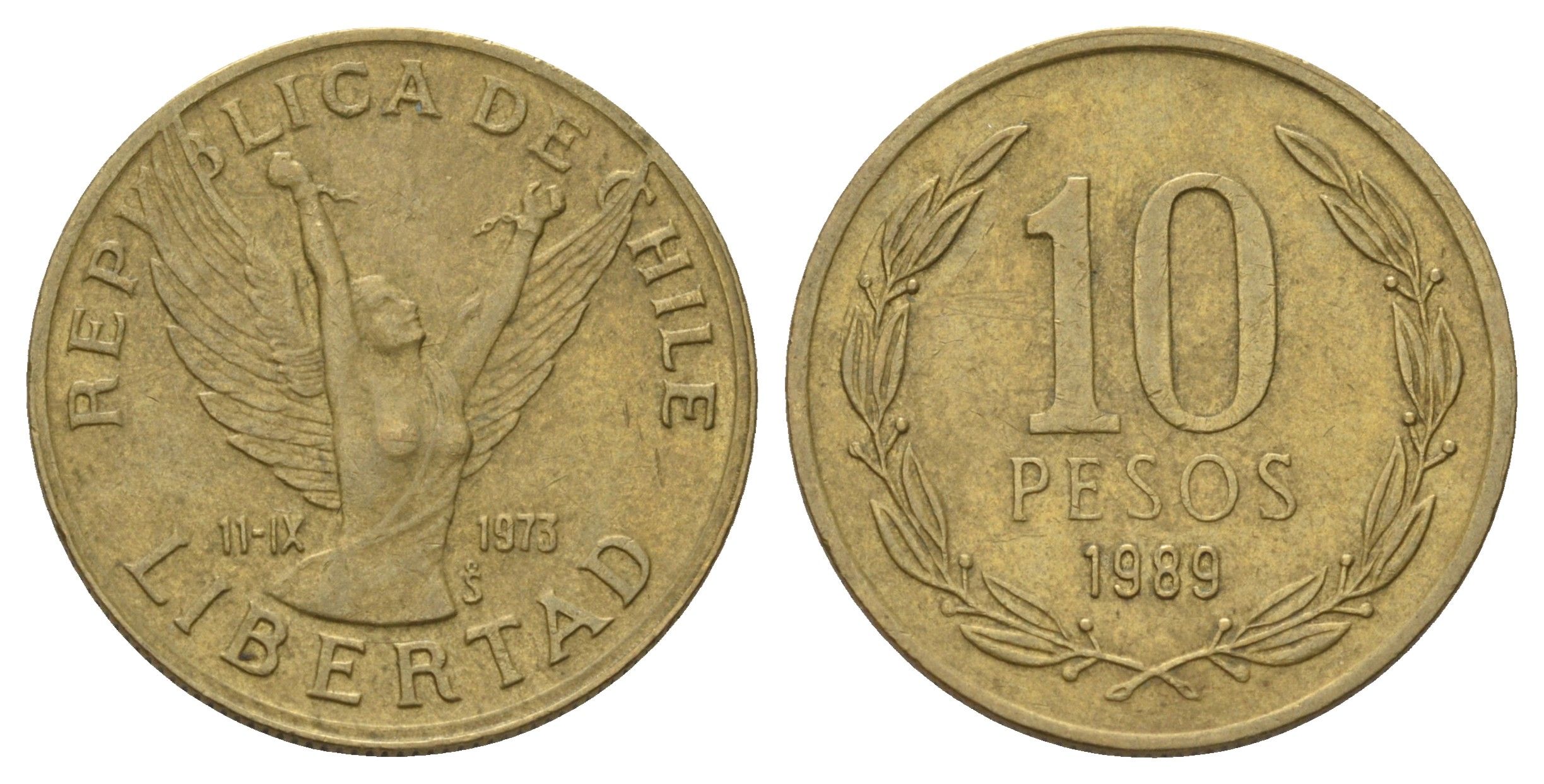 Чили 10 песо 1989 KM 218 латунь 4171-325
