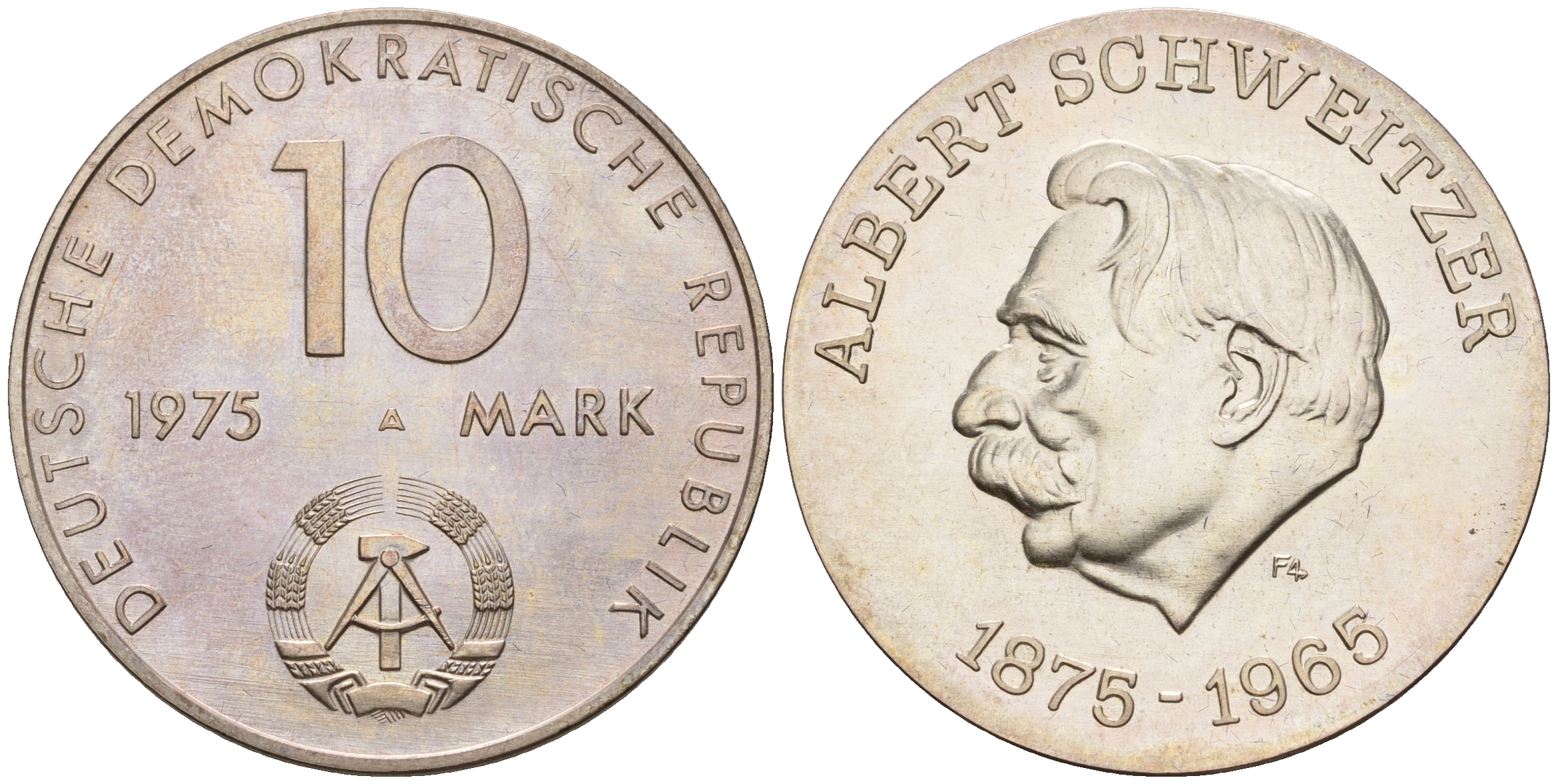 ГДР 10 марок 1975 A, 100 лет со дня рождения Альберта Швейцера, малый герб, гладкий гурт KM 57 серебро 00-820-54