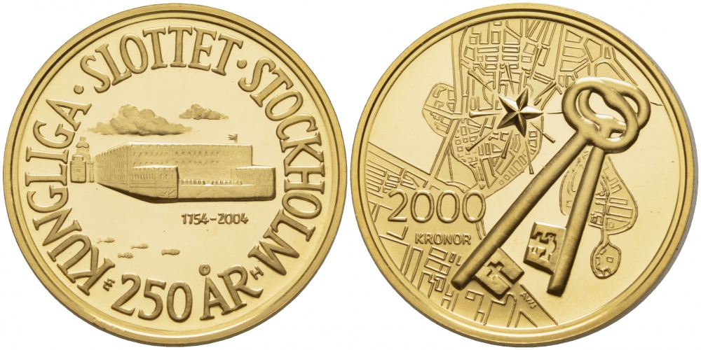 Швеция 2000 крон 2004 Карл XVI Густав (1973- ), 250 лет Королевскому дворцу в Стокгольме, ключи, тираж 5243 экз. KM 912 золото PROOF 10-014-40