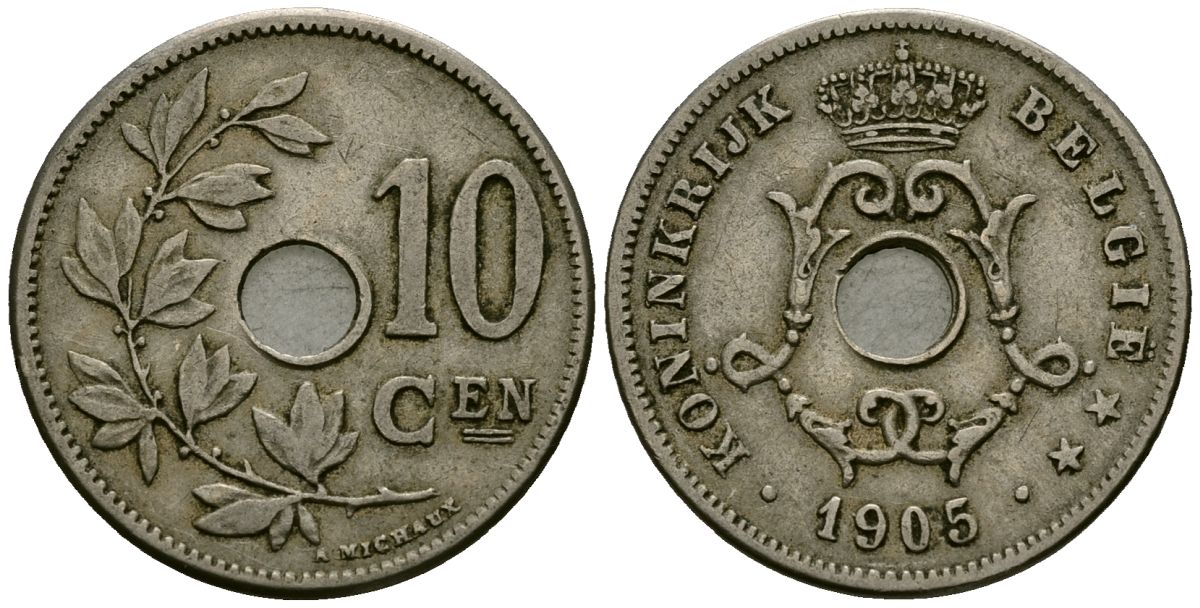 Бельгия 10 сантимов 1905 Belgie KM 53 медно-никель 4172-1225