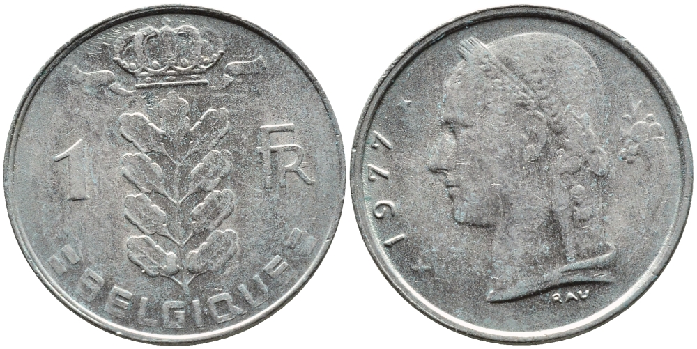 Бельгия 1 франк 1977 Belgique, Бодуэн I (1951-1993) KM 142.1 медно-никель 4391-1255
