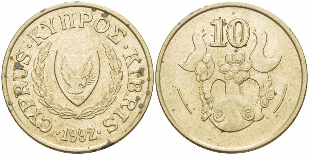 КИПР 10 ЦЕНТОВ 1992 ВАЗА С ПТИЧКАМИ KM 56.3 никель латунь 77-817
