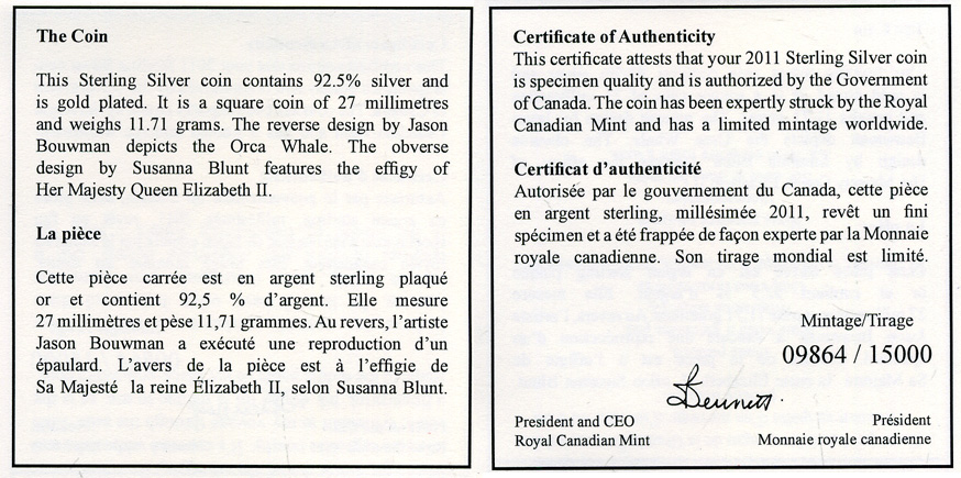 Канада 3 доллара 2011 касатка, позолота KM NEW серебро PROOF 4-3-4-18