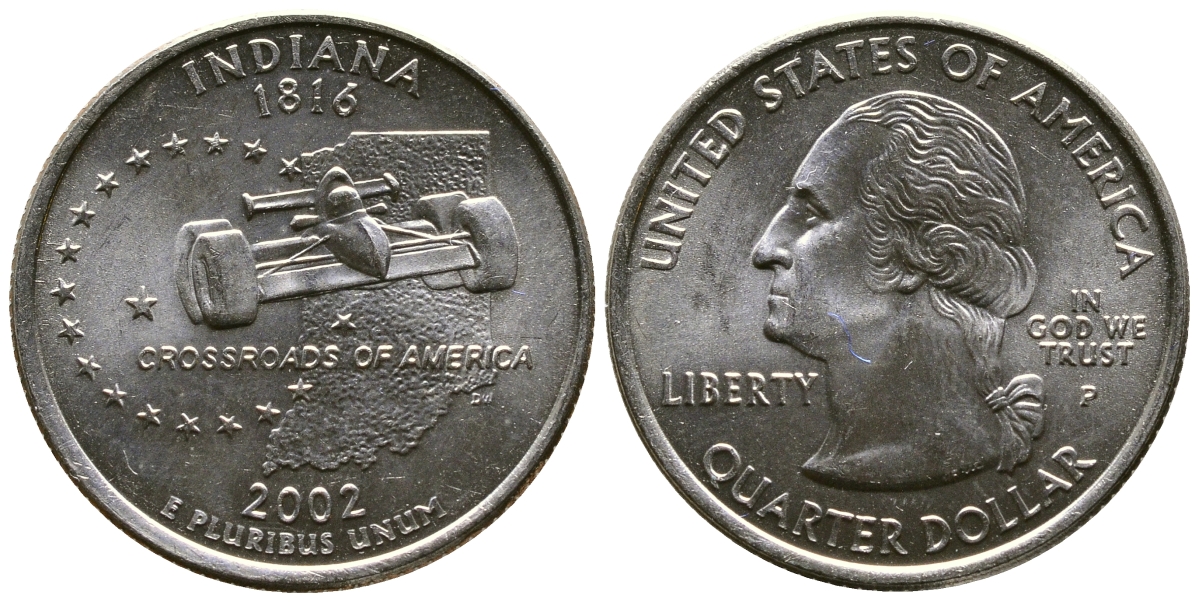 США 25 центов = квотер 2002 Р, серия штаты США, Индиана KM 334 334 медь плакированная медно-никелем 56-822