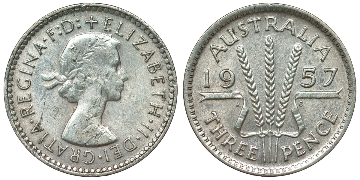 Австралия 3 пенса 1957 m, Елизавета II (1953-) KM 57 серебро 71-526