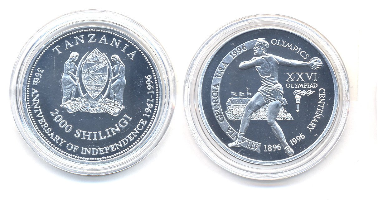 Танзания 2000 шиллингов 1996 XXVI Олимпийские игры 1996 года в Атланте, 100 лет Олимпийскому движению, дискобол, пробник, гладкий гурт алюминий PROOF 06-157-41