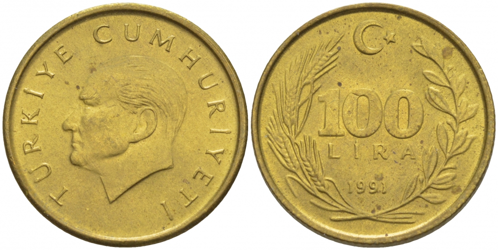 ТУРЦИЯ 100 ЛИР 1991 KM 988 алюминиевая бронза 3309-1118