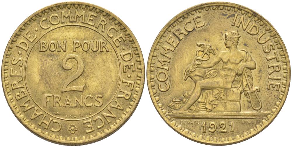 ФРАНЦИЯ 2 ФРАНКА 1921 ТИП CHAMBRES DE COMMERCE KM 877, LE FRANC 267.3 алюминиевая бронза 69-1135