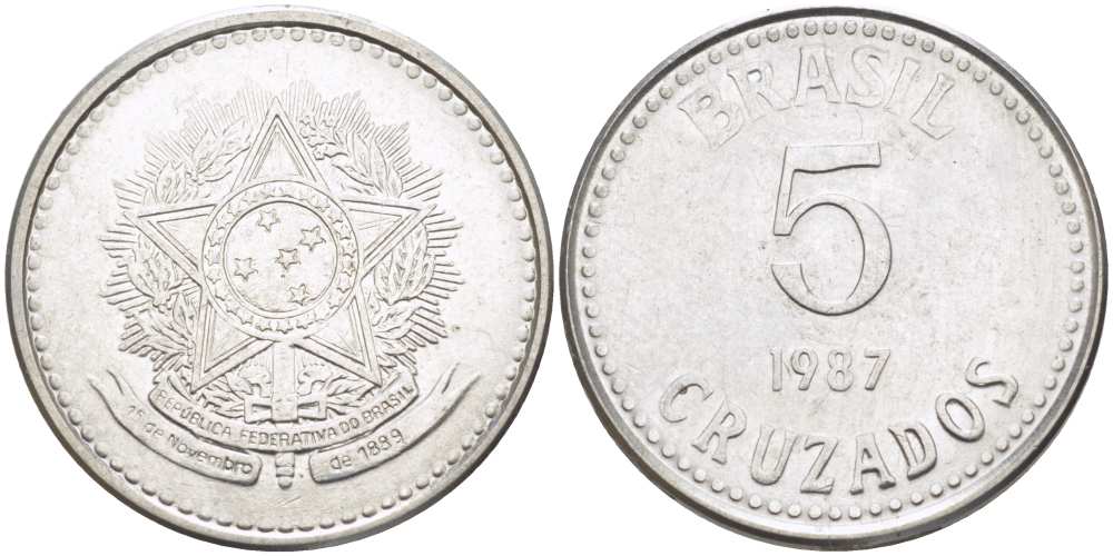 Бразилия 5 крузадо 1987 реформа (1986-1989) KM 606 нержавеющая сталь 31-731
