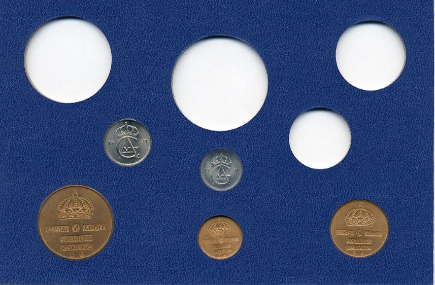 Швеция 1, 2, 5, 10, 25 эре 1971 Густав VI Адольф (1950-1973) в картоне набора монетного двора UNC 7-5-7-256