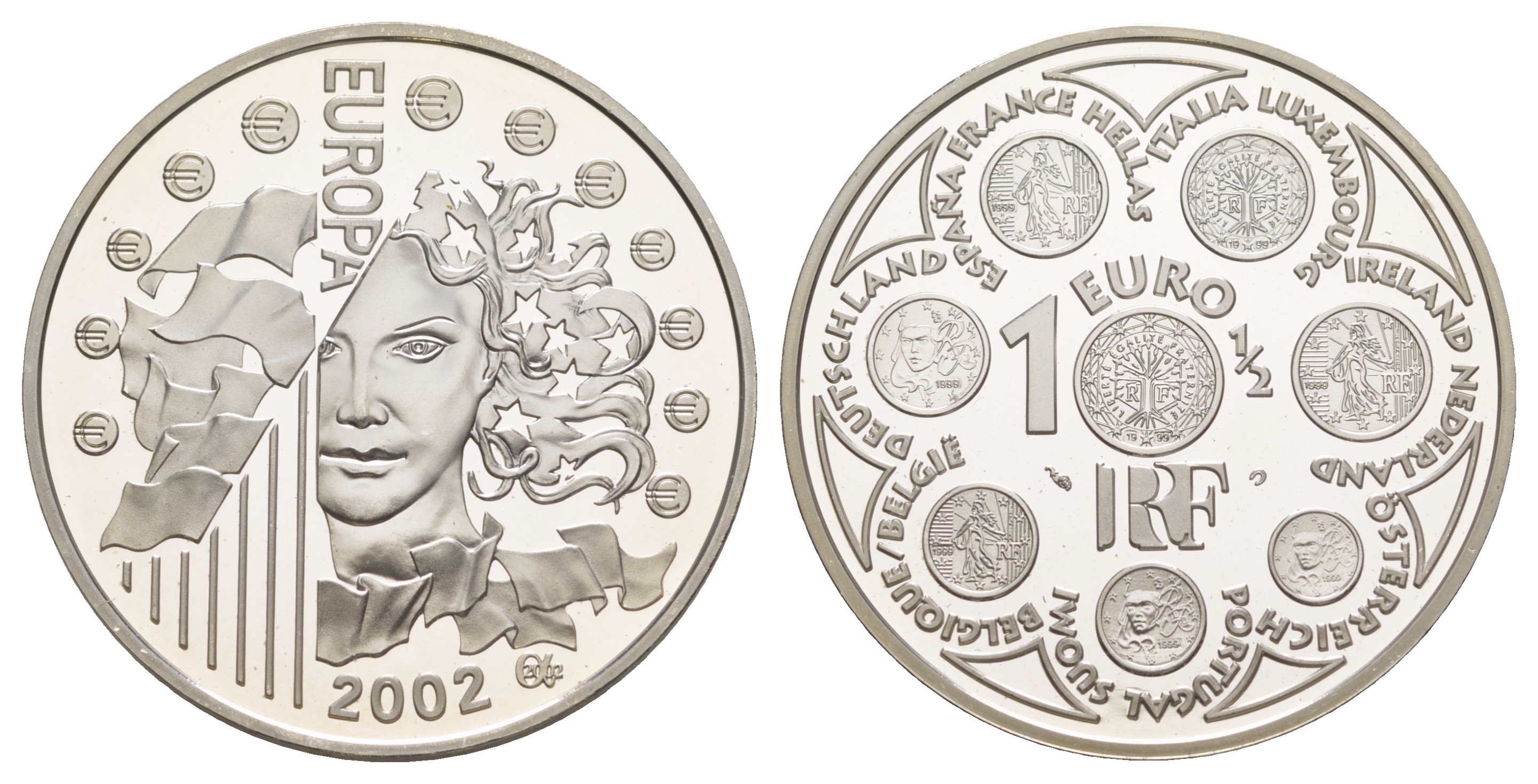 Франция 1 1/2 евро 2002 введение евро, в оригинальной коробке, сертификат KM 1301 серебро  PROOF  1-6-4-64