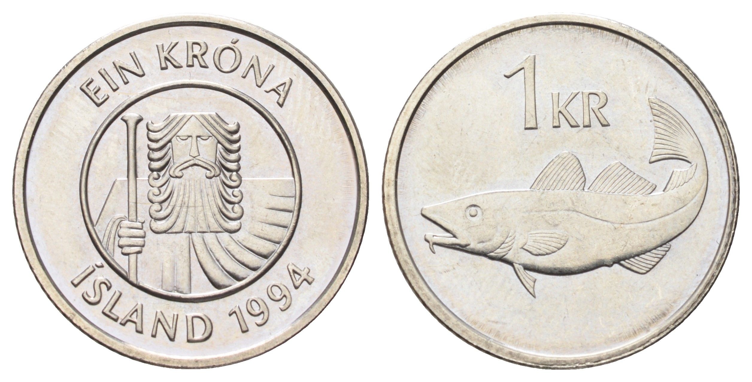 Исландия 1 крона 1994 треска KM 27a сталь плакированная никелем UNC 4666-856