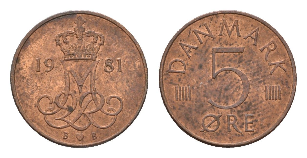 Дания 5 эре 1981 S; B, Маргрете II (1972-2024) KM 859 железо плакированное медью 4617-1067