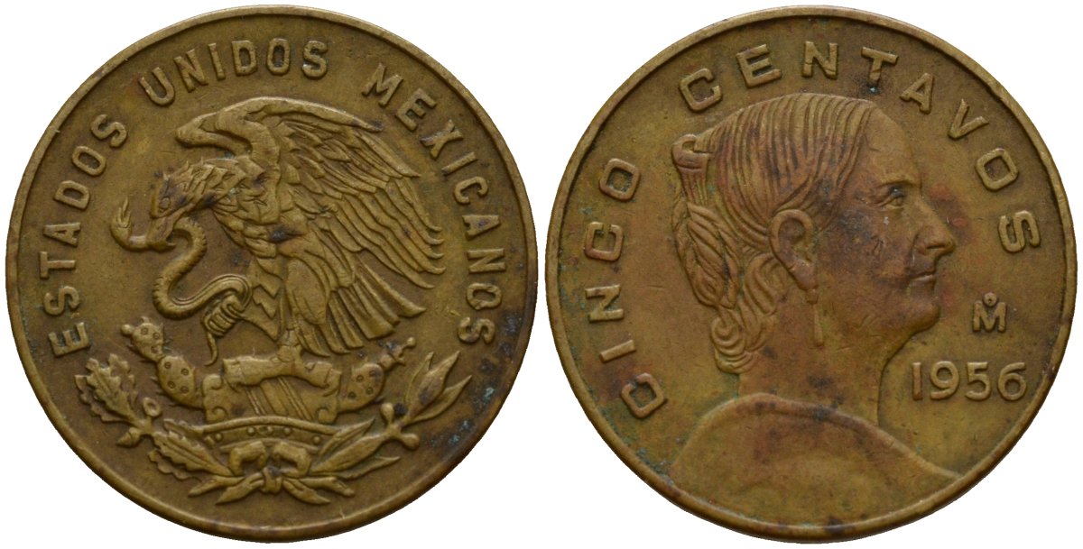 Мексика 5 сентаво 1956 Жозефа Ортис де Домингес KM 426 латунь 4189-731
