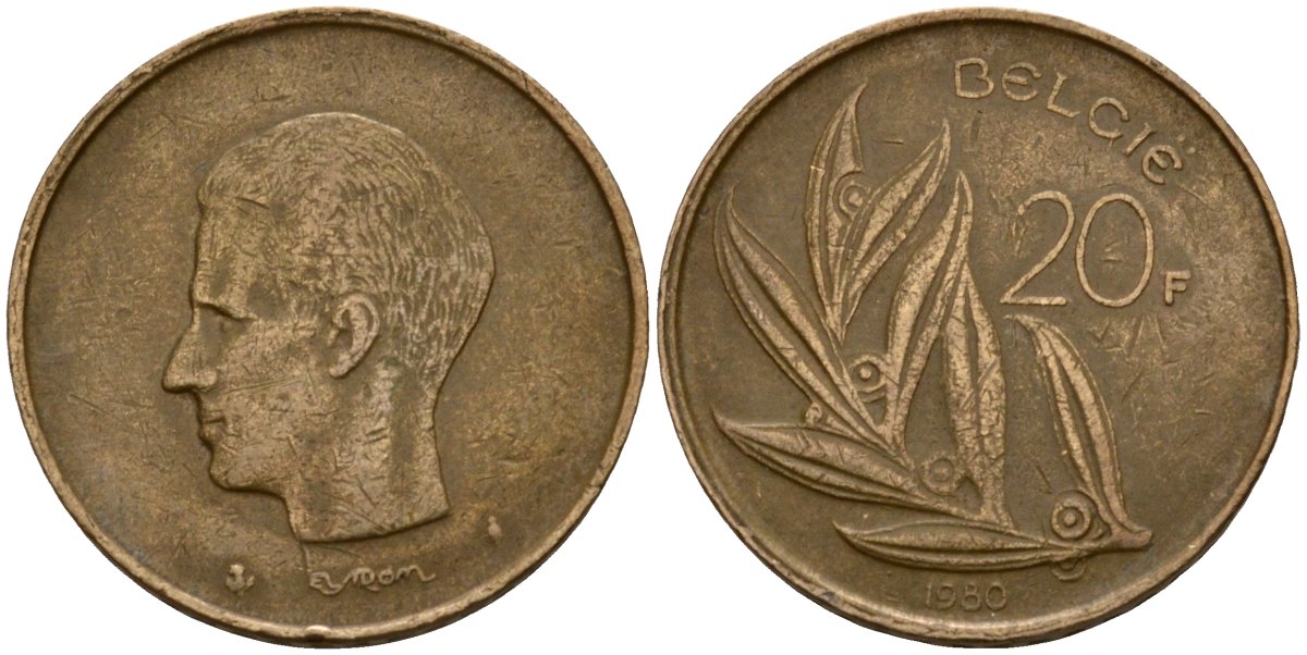 Бельгия 20 франков 1980 Belgie, Бодуэн I (1951-1993) KM 160 никель бронза 4599-145
