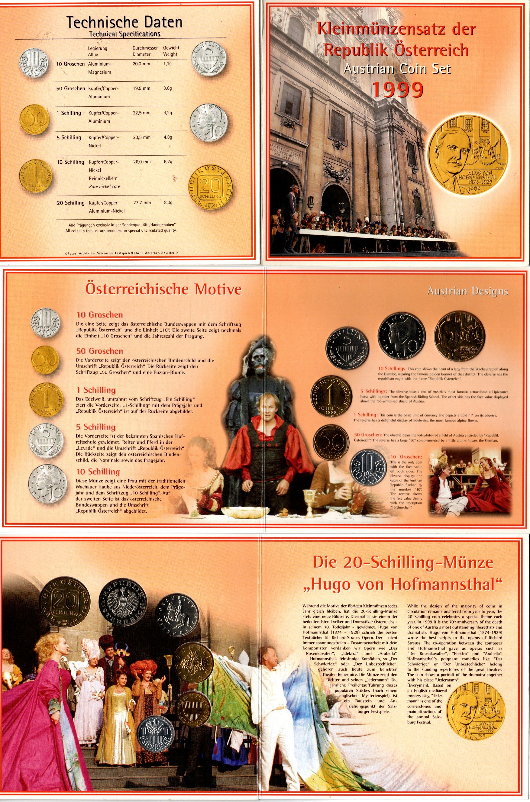Австрия годовой набор из 6 монет (10 и 50 грошей; 1, 5, 10 и 20 шиллингов) 1999 70 лет со дня смерти Гуго фон Гофмансталя, в оригинальном буклете KM MS8 (2878, 2885, 2886, 2889a, 2918 и 3056) BU 1-5-3-13