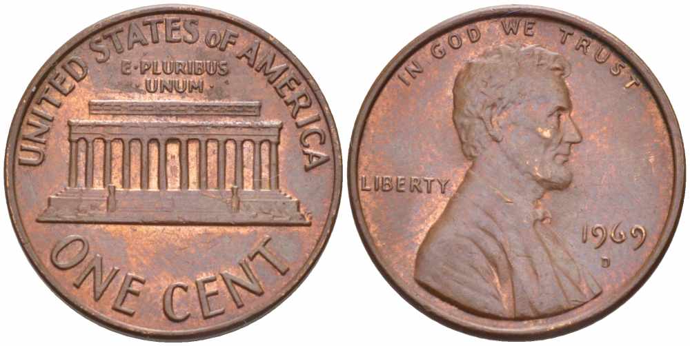 США 1 ЦЕНТ 1969 D, ЛИНКОЛЬН KM 201 медь цинк 105-614