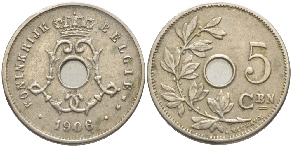 Бельгия 5 сантимов 1906 Belgie, Леопольд II (1865-1909) KM 55 медно-никель 112-225