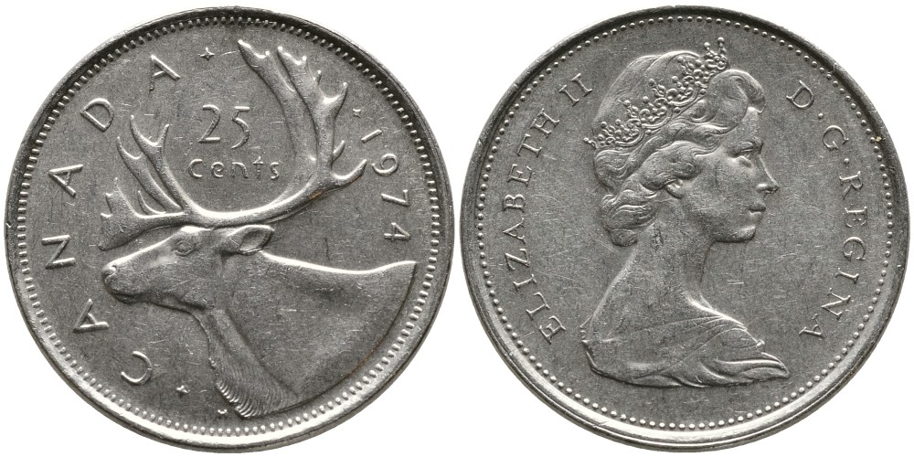 КАНАДА 25 ЦЕНТОВ 1974 ЕЛИЗАВЕТА II (1952-), ОЛЕНЬ, ВТОРОЙ ПОРТРЕТ В КОРОНЕ KM 62b никель 4543-734