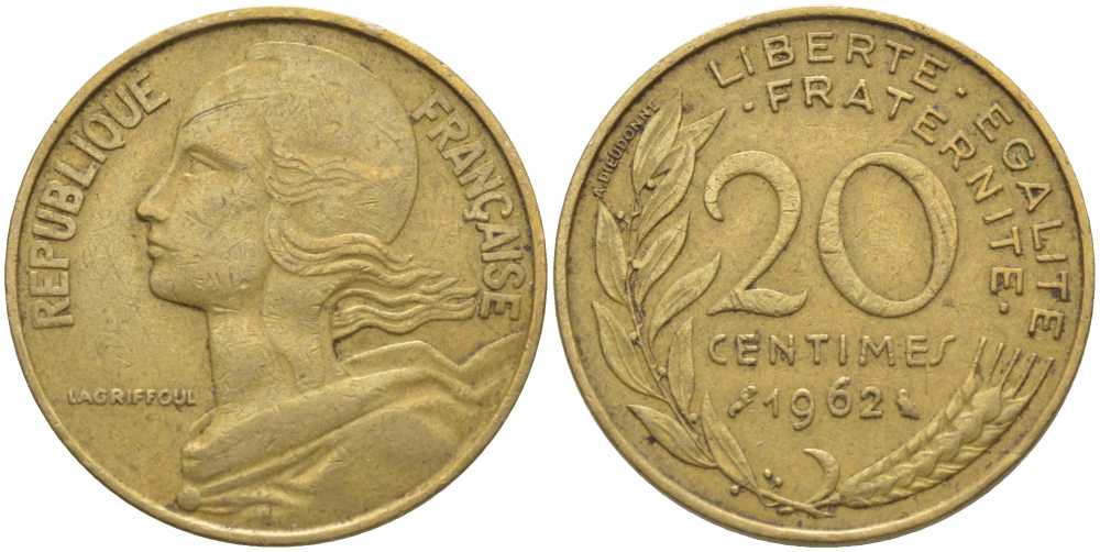 ФРАНЦИЯ 20 САНТИМОВ 1962 ТИП MARIANNE KM 930, LE FRANC 156.2 медь алюминий никель 175-754