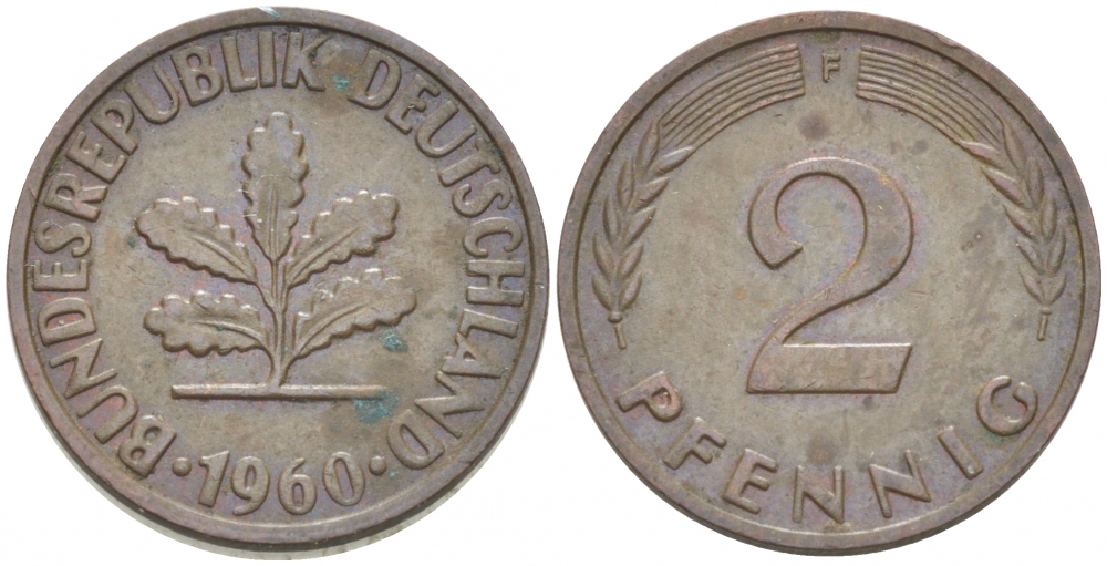 ФРГ 2 ПФЕННИГА 1960 F KM 106, J. 381 бронза 3955-631